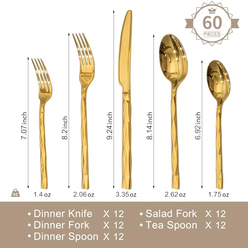 Image of KINGSTONE Gold Silverware Set, Luxury 60 Piece Flatware Set for 12, 18 /10 Stainless Steel Cutlery Set with Diamond Cut Pattern for Kitchen, Home, Wedding, Party, Mirror Polished and Dishwasher Safe