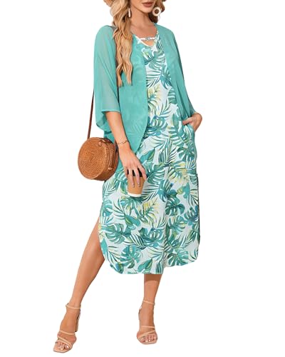 Image of Honwenle Women's Summer Maxi Dress 2 Piece Outfit Sleeveless Loose Split Dresses with Cover up Casual Formal