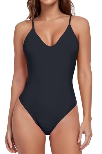 Vevarble Women's One Pice Swimsuit Deep V Neck Swimming Costume Adjustable Straps Swimwear,L,Black