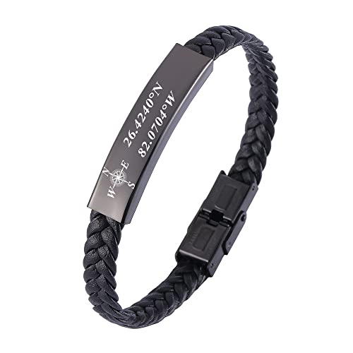 Mens Braid Leather Bracelet Engraved a Delicate Longitude Latitude Custom Coordinate Bracelet for Men ,GPS Coordinate Bracelet for Him,Couple Coordinate Bracelet,Father's Day Gifts For Husband Dad 7.4/8.2/9" (Black-1)