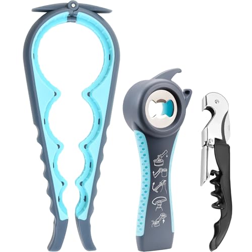 Multi-Function Jar, Bottle & Wine Opener Set for Weak Hands and Seniors with Arthritis, 5 in 1 Multi Function Bottle and Lid Opener For Arthritic Hands with Non Slip Rubber