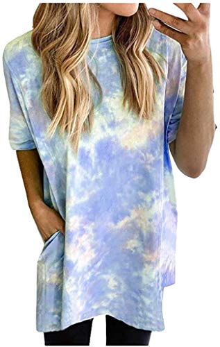 [Riou] レディースロングシャツ半袖夏大きいサイズラウンドネックポケット絞り染めTシャツロングシャツトップス