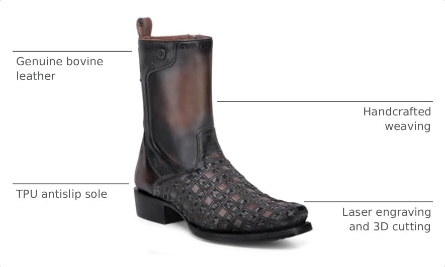 Image of Cuadra Men's Bovine Leather Woven Boot Brown Side Zip