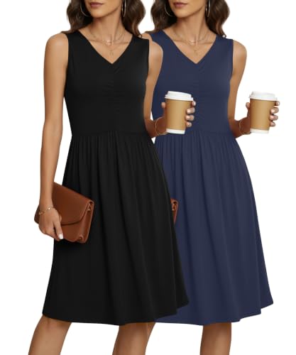 Image of NILOUFO Sleeveless Dress for Women Summer Knee Length Sundress with Pockets | Sundresses for Women Tank Empire Waist Sun Dress Cold Shoulder Casual V Neck Midi Dress Flowy Summer Dresses for Women
