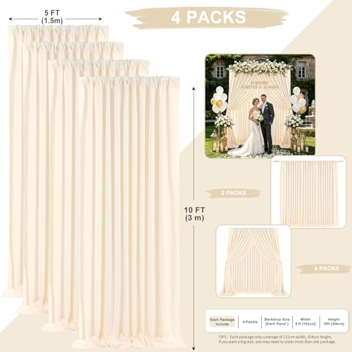 Image of Beige Backdrop Curtains 4 Panels 5ft x 10ft Polyester Photo Backdrop Drapes for Wedding Party Stage Birthday Decorations