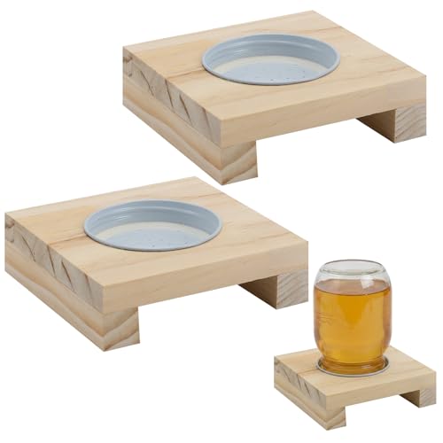 Rtteri 2 Pcs Bee Feeders for Hives with 1 Lid Wooden Honey Mason Jar Beehive Entrance Feeder for Beekeeping Bee Drinking Tools with Lids Drilled Feeding Sugar Syrup or Water (Jars Not Provided)
