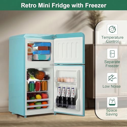 Image of Retro Mini Refrigerator with Freezer 3.5 Cu. Ft. with 7-Level Adjustable Thermostat, Vintage Small Fridge with Freezer for Apartment, Compact Retro Fridge for Office, College, RV, Mint Blue