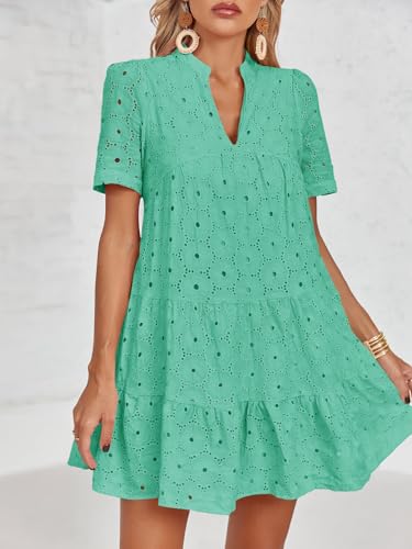 Image of Imily Bela Womens Summer Lace Dresses Eyelet Casual Flowy Babydoll Swing Short Sleeve V Neck Tunic Dress