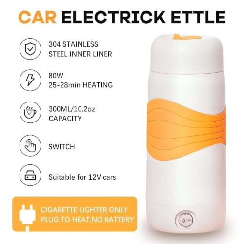 Image of Car Electric Kettle 300ml, 12V 80W, 304 Stainless Steel Inner | BPA-Free, Car Plug, One-Key, Dry-Boil Safe, Car Cup for Cigarette Lighter Socket, for Trip, Camping Commuting Hot Coffee Tea