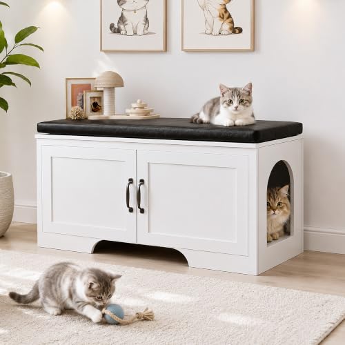 DreamDashio Cat Litter Box Enclosure with Padded Seat Cushion