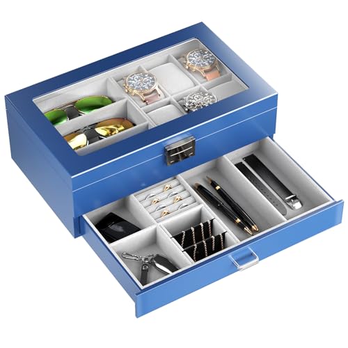 ProCase Lacquered Finish Wooden Men's Jewelry Box, 6 Slots Watch and Sunglasses Box Organizer for Men, 2-Tier Watch Holder Display Cases with Glass To