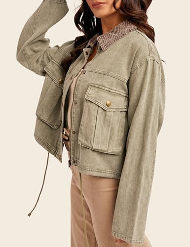 Esmeling Women Contrast Button Down Jacket Lapel Collar Long Sleeve Outwear Cropped Coat with Pocket3