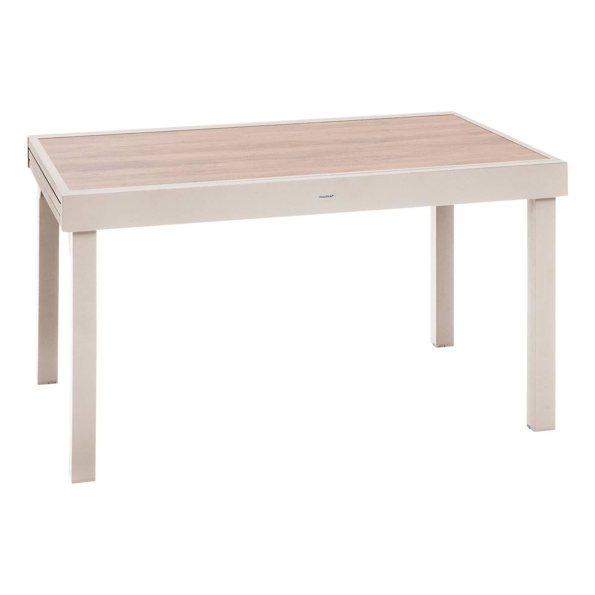 Hespéride - Mesa de jardín extensible Piazza Clay - 12 plazas - Aluminio con revestimiento epoxi inoxidable - Tablero de vidrio templado con efecto madera - Muebles de exterior extensibles deslizantes