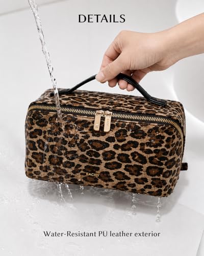 Image of EACHY Travel Makeup Bag, Large Capacity Cosmetic Bag for Women, Waterproof PU Leather, Flat Open Portable Toiletry Bag for Skincare, Brushes & Travel Essentials