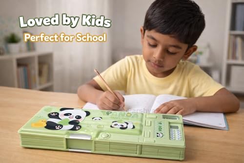 Image of KiddieWorld All-in-One Pencil Box for Kids | Calculator, Sharpener & Writing Pad | Large Capacity Magnetic Pencil Case for School Boys & Girls (Green)