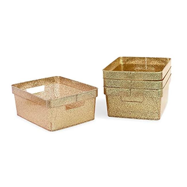 Isaac Jacobs Small Glitter Storage Bin (10¡± x 7.5¡± x 4.25¡±) Set w/Cut-Out Handles, Plastic Organizer, Multi-Functional, Home Storage Solution, Kids Playroom, Bedroom, Closet (4, Gold)