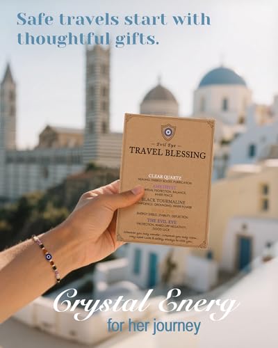 Evil Eye Dainty Bracelet - Natural Crystal Protection Bracelet - 5 Healing Stones Clear Quartz Amethyst Black Tourmaline Tiger Eye Adjustable Spiritual Guardian Jewelry Gift with Meaning Card2