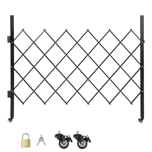 Single Folding Driveway Gate with Keys, 61 in H x 71 in W Metal Expandable Safety Barrier Gate with 360° Casters, Portable Accordion Scissor Dog Gate
