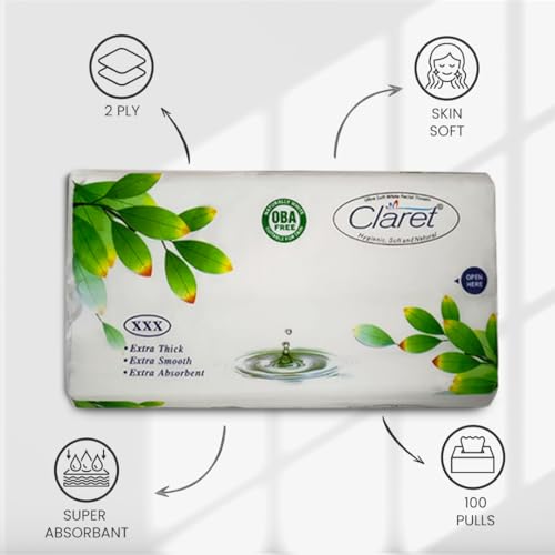 Image of Claret Ultra Soft 2-Ply White Facial Tissues | 100 Pulls | Pack Of 6 | Skin-Friendly & OBA-Free | (18 x 20 cm)