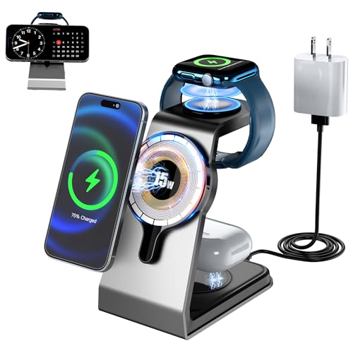 3 in 1 Wireless Charging Station for Apple MagSafe Charger, 15W Fast Magnetic MagSafe Charger Stand Compatible for iPhone 15 14 13 12 Series AirPods Apple Watch Charger AirPods Pro/3/2