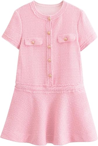 Damen Elegant Kurzarm Tweed A-Linie Kleid Morgen Büro Formal Kleid Casual Crinkle Neck Button Formal Abend Anzug (Rosa,S)