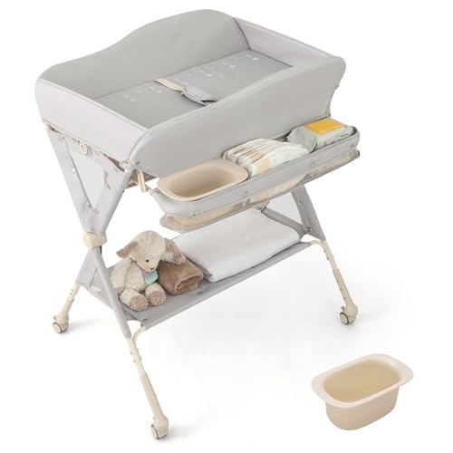 Image of BABY JOY Portable Baby Changing Table, Foldable Diaper Changing Station w/Wheels, Adjustable Height, Large Storage Rack, Water Basin, Safety Belt, Mobile Nursery Organizer for Newborn Infant (Gray)
