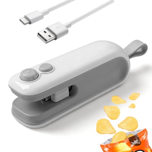 Mini Sigillatore Termico 2 in 1 con Magnete e Taglierina, Bag Sealer USB Ricaricabile, Sigillatrice Sacchetti Alimenti Snack Cucina(Bianco)