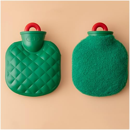Bolsa de agua caliente con funda de forro polar, calentador de manos for dolores menstruales, de caucho natural y con funda de tela desmontable, 280/650 ml(Green,280ml)