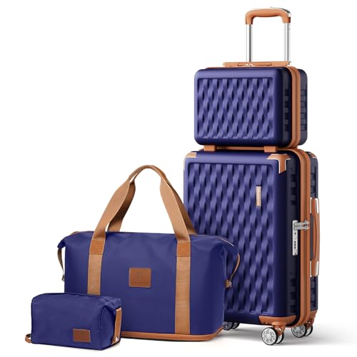 Image of Melalenia Luggage Set 4 Piece Carry On, Hardside Suitcase with TSA Lock and Spinner Wheels, Carry-On Ailline Approved, Navy Brown