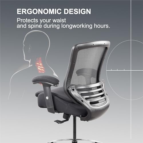 400lbs Tall Office Drafting Chair with Extra Seat Cushion for High Standing Desk with Lumbar Support and Enlarged Adjustable Footring-Black