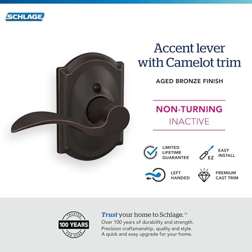 Image of Schlage F170 ACC 716 CAM LH Left Handed Accent Door Lever with Camelot Trim, One Sided Non-Turning Dummy Door Handle, Aged Bronze