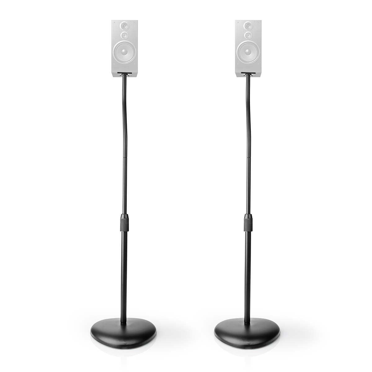 Nedis Soportes de pie para Altavoces, Altura de Embrague Manual 763-1036 mm, Carga máxima 4,5 kg, gestión de Cables, diseño Universal Negro Mate Ajustable para Altavoces satélite y estantería pequeña
