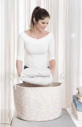 Image of OrganiHaus Round Toy Basket & Blanket Basket, Cotton Rope 20x13 inch | Stitches Rainbow - Round Cotton Rope Basket, 20x13 inch