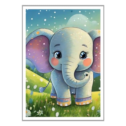 GAEKKO Quadro da parete 'Simpatico elefante sul prato – Felice opera d'arte con colori tenui su vetro acrilico con cornice in vetro acrilico 20 x 30 cm