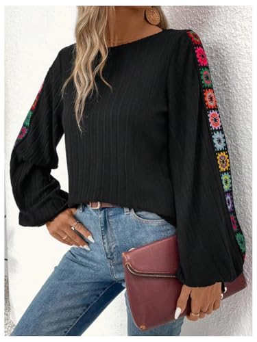 Women's Floral Embroidery Long Sleeve T Shirts Crew Neck Ribbed Knit T Shirt Casual Fall Tops3