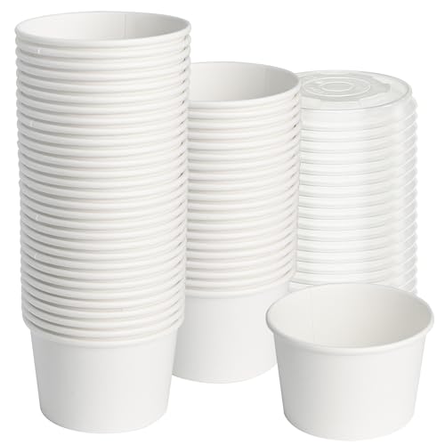 ESSENTIAL Paper Ice Cream Cups with Lids, 50pcs 8oz Disposable Dessert Bowls with Lids for Hot or Cold Food, Paper Snack Containers for Sundae, Frozen Yogurt, Soup (White)