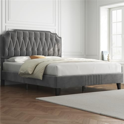 Yaheetech Lit avec Sommier et Tête, Cadre de Lits Capitonnée avec Réglable en Hauteur, Lit Double pour Adultes, Lits 2 Personnes (Gris Foncé, 140x200cm)