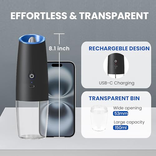 image for UNNEES Rechargeable Electric Salt and Pepper Grinder set of 2, gravity