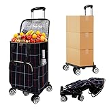 Honshine Shopping Cart for Groceries, Foldable Cart on 5 Swivel Wheels with Removable Shopping Bag & Large Capacity, Portable Trolley Cart Designed for Grocery Camping Laundry Gardening (Plaid)