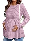 Ekouaer Womens Maternity Tops Long Sleeve Pregnancy Tunic Blouses Crew Neck Ribbed Shirts Pregnant Clothes Dark Pink