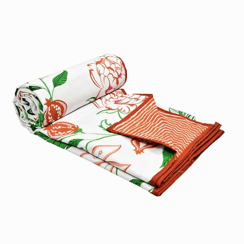 Image of BLOCKS OF INDIA 100% Cotton Dohar King Size Reversible Hand Block Printed Malmal Summer Dohar /Blanket (Orange Anar JAAL)