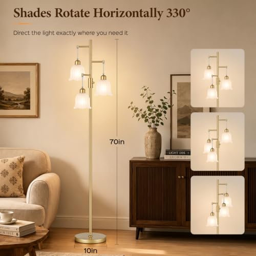 Image of Dimmable Floor Lamp, 3 x 900LM Edison Bulbs Included, Modern Gold Tree Standing Lamp with Elegant Frosted Glass Flower Shade 3 Light Vintage Floor Lamp for Living Room, Bedroom, Office