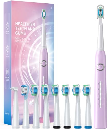 Electric Toothbrush, Sonic Toothbrushes with 8 Brush Heads 40000 VPM 5 Modes, Sonic Toothbrushes Fast Charge 4 Hours Last 30 Days, Rechargeable Electric Toothbrush for Adult Purple