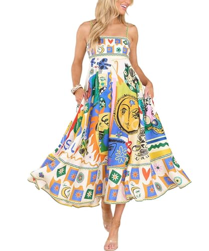 GRMLRPT Vestido Largo para Mujer Verano Playa Sueltos Sin Mangas Vestir Vintage Elegante Bohemio Floral Vacaciones Vestidos Casual(Amarillo-A,XXL)