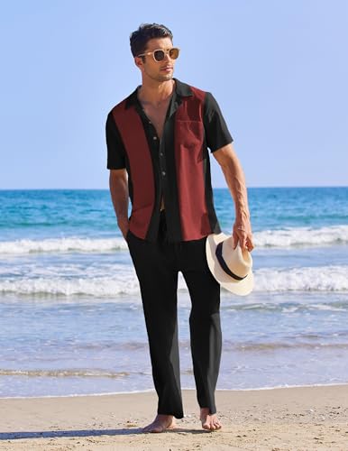 Image of COOFANDY Men 2 Piece Linen Outfit Beach Button Down Shirt Casual Loose Pant Sets