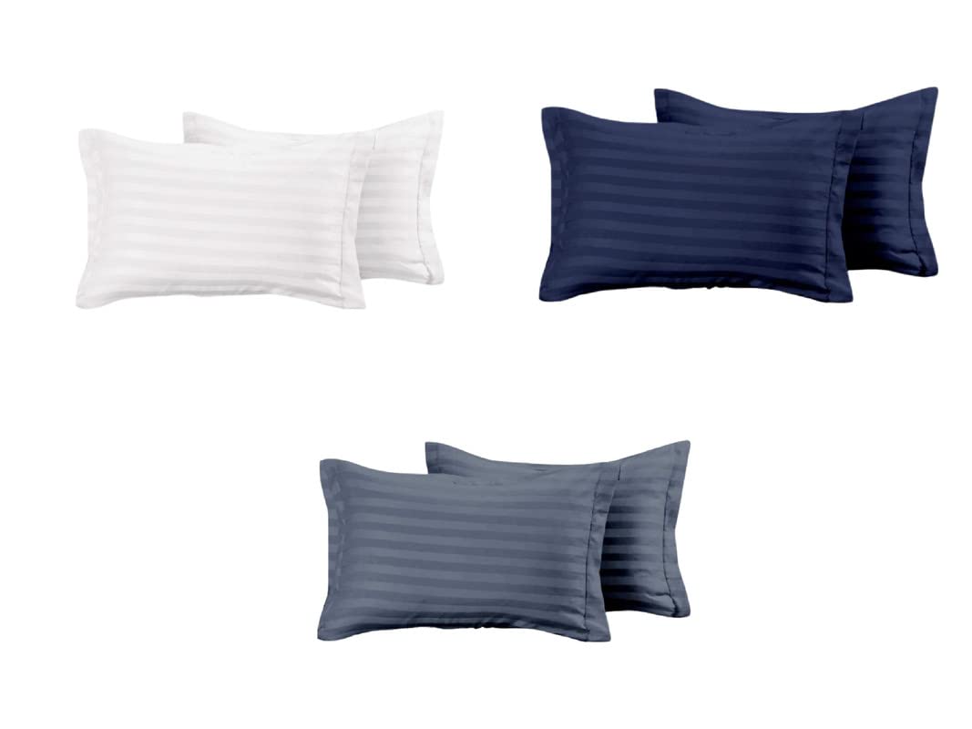 Luxury Trends 210 TC 100% Cotton Pillow Covers Set of 6 | Ultra Soft Satin Striped Pillow Case | 18 x 27 Inches, Aqua Blue & Grey