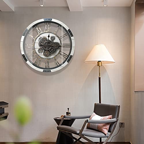 27" Large Real Moving Gears Wall Clock With Toughened Glass Cover Solid Wood Retro Metal Skeleton Oversized Vintage Steampunk Rustic Clock For Living Room Decor Home Farmhouse Kitchen(Desert Beige) #TOP6