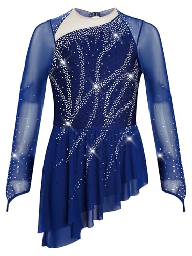 Agoky Kids Girls Shiny Long Sleeve Figure Skating Dress Ice Skating Asymmetrical Skirt for Performance Competition Navy Blue 14 Years
