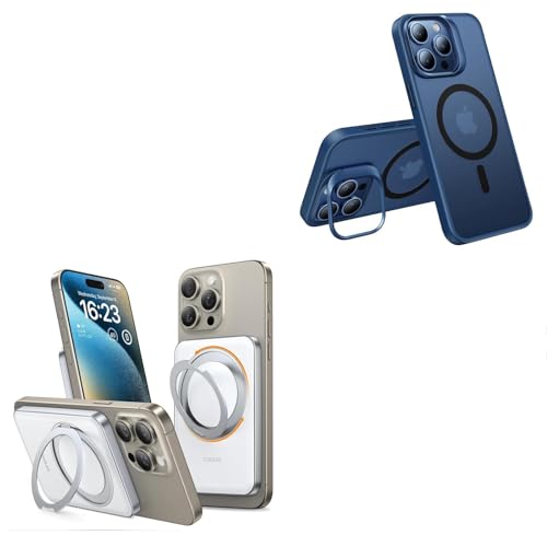 TORRAS Lstand iPhone 15 Pro Case Blue & Magsafe Power Bank White