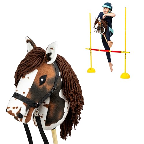 SKIPPI Set Hobby Horse Pío Alazán y Obstáculo de Salto 135 cm, A3 Gran Caballo de Palo y Hobby Horse Accesorios, Valla de Salto, Cabestro, Riendas